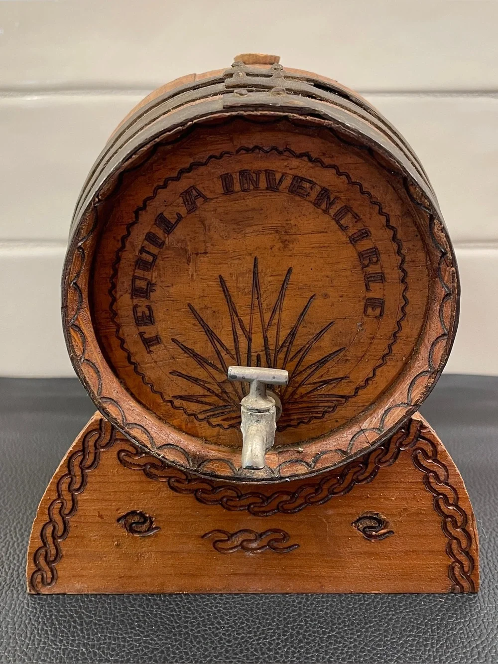 Old Miniature Wooden Tequila Barrel With Spout and Stand